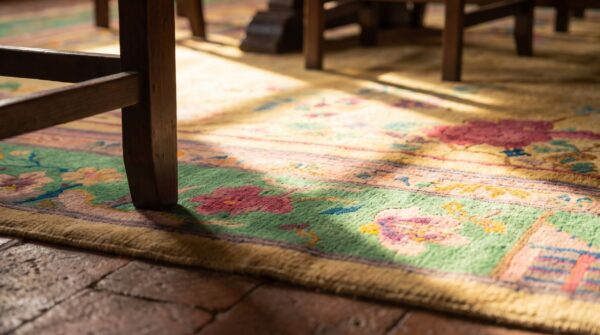 Scenic antique yellow open field room size chinese art deco wool rug 7 Scenic antique yellow open field room size chinese art deco wool rug (sku 22394) - in-room detail