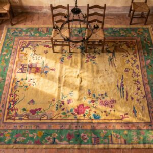 Scenic Antique Yellow Open Field Room Size Chinese Art Deco Wool Rug (SKU 22394) - styled overhead view