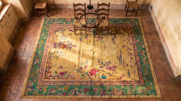 Scenic antique yellow open field room size chinese art deco wool rug 2 Scenic antique yellow open field room size chinese art deco wool rug (sku 22394) - styled overhead view