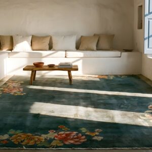 Antique Sea Foam Color Minimalist Floral Chinese Art Deco Area Rug (SKU 25170) - room view