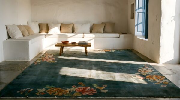 Antique sea foam color minimalist floral chinese art deco area rug 7 Antique sea foam color minimalist floral chinese art deco area rug (sku 25170) - room view