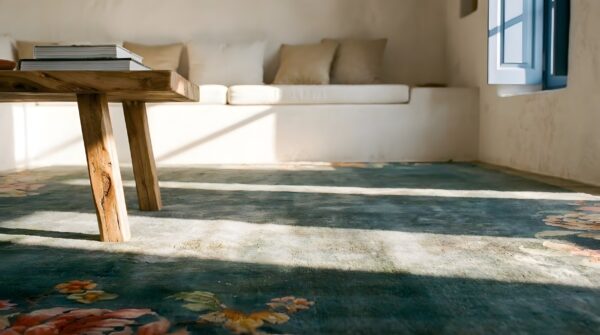 Antique sea foam color minimalist floral chinese art deco area rug 8 Antique sea foam color minimalist floral chinese art deco area rug (sku 25170) - in-room detail