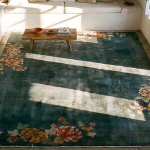 Antique Sea Foam Color Minimalist Floral Chinese Art Deco Area Rug (SKU 25170) - styled overhead view