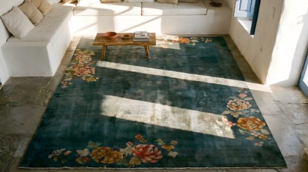 Antique sea foam color minimalist floral chinese art deco area rug 2 Antique sea foam color minimalist floral chinese art deco area rug (sku 25170) - styled overhead view