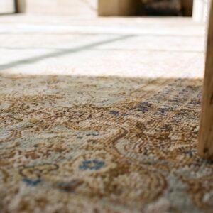 Antique Seafoam Green Open Field Fine Floral Medallion Large Oversized Persian Kerman Rug (SKU 20429) - in-room detail