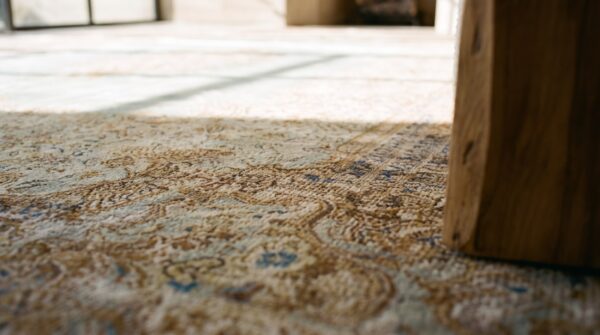 Antique seafoam green open field fine floral medallion large oversized persian kerman rug 12 Antique seafoam green open field fine floral medallion large oversized persian kerman rug (sku 20429) - in-room detail