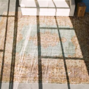 Antique Seafoam Green Open Field Fine Floral Medallion Large Oversized Persian Kerman Rug (SKU 20429) - styled overhead view