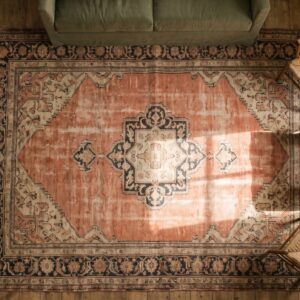 Antique Senneh Hallway Runner Wool Coral Rug (SKU 20738) - styled overhead view