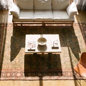 Antique Senneh Hallway Runner Wool Yellow Rug (SKU 23614) - styled overhead view