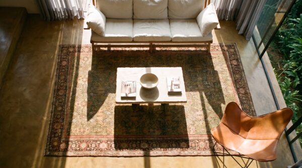 Antique senneh hallway runner wool yellow rug 2 Antique senneh hallway runner wool yellow rug (sku 23614) - styled overhead view