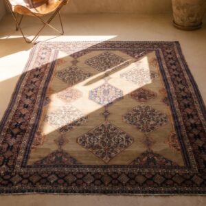 Antique Senneh Persian Knotted Rug (SKU 17416) - styled overhead view
