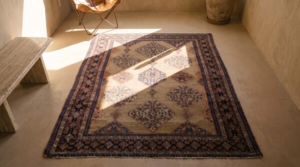 Antique senneh persian knotted rug 2 Antique senneh persian knotted rug (sku 17416) - styled overhead view