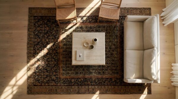 Antique senneh persian allover knotted rug (sku 24395) - styled overhead view