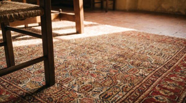 Antique senneh persian ivory 1880s rug (sku 18587) - in-room detail