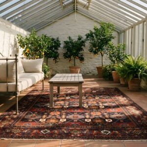 Antique Senneh Small Scatter Size Wool Red Rug (SKU 24383) - styled overhead view