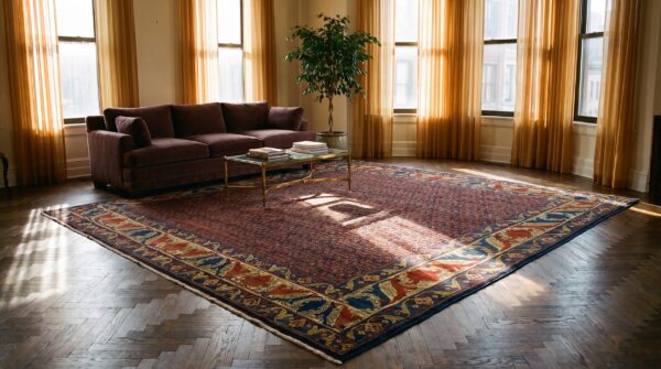 Antique senneh square room size wool dark rug 10 Antique senneh square room size wool dark rug (sku 23615) - room view