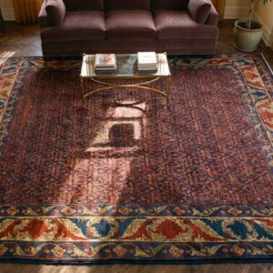 Antique Senneh Square Room Size Wool Dark Rug (SKU 23615) - styled overhead view