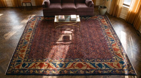 Antique senneh square room size wool dark rug 2 Antique senneh square room size wool dark rug (sku 23615) - styled overhead view