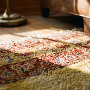 Antique Senneh Square Small Scatter Size Wool Yellow Rug (SKU 21674) - in-room detail