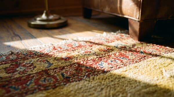 Antique senneh square small scatter size wool yellow rug 13 Antique senneh square small scatter size wool yellow rug (sku 21674) - in-room detail