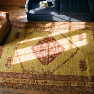 Antique Senneh Square Small Scatter Size Wool Yellow Rug (SKU 21674) - styled overhead view
