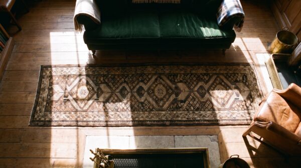 Antique serab hallway runner wool brown rug 2 Antique serab hallway runner wool brown rug (sku 21169) - styled overhead view