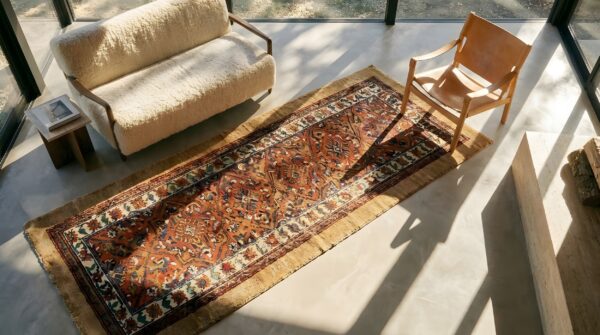 Antique serab hallway runner wool coral rug 2 Antique serab hallway runner wool coral rug (sku 25602) - styled overhead view