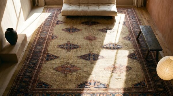 Antique serab oversized large big wool brown rug 2 Antique serab oversized large big wool brown rug (sku 23555) - styled overhead view