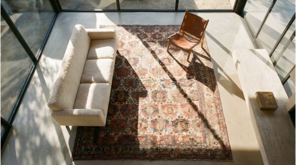 Antique serab persian allover knotted rug (sku 23588) - styled overhead view