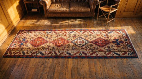 Antique serab persian brown 1890s hallway runner rug (sku 19511) - styled overhead view
