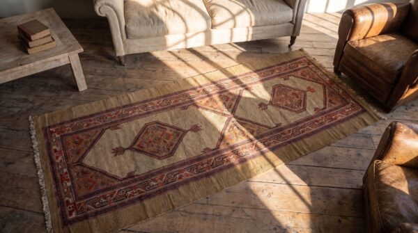 Antique serab persian brown 1900s hallway runner rug (sku 20847) - styled overhead view