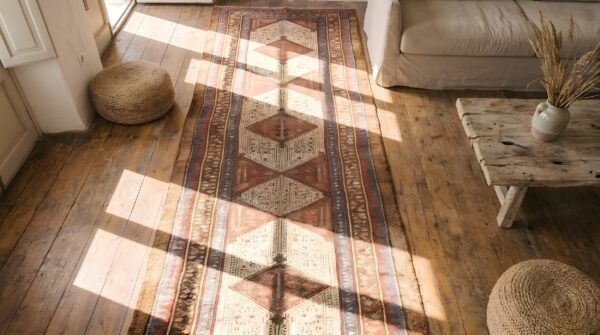Antique serab persian ivory 1870s hallway runner rug 2 Antique serab persian ivory 1870s hallway runner rug (sku 22679) - styled overhead view