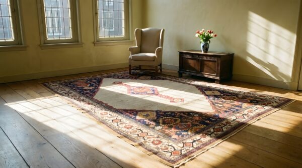 Antique serab room size wool camel rug 11 Antique serab room size wool camel rug (sku 24001) - in-room detail