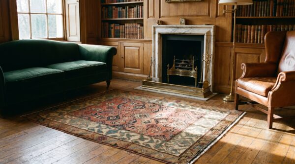 Antique serab square small scatter size wool coral rug 6 Antique serab square small scatter size wool coral rug (sku 20167) - room view
