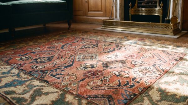 Antique serab square small scatter size wool coral rug 7 Antique serab square small scatter size wool coral rug (sku 20167) - in-room detail