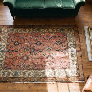 Antique Serab Square Small Scatter Size Wool Coral Rug (SKU 20167) - styled overhead view