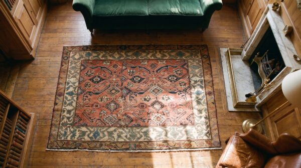 Antique serab square small scatter size wool coral rug 2 Antique serab square small scatter size wool coral rug (sku 20167) - styled overhead view