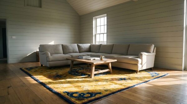 Set of 7 antique small square yellow chinese ningxia rugs (sku 25198) - room view