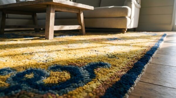 Set of 7 antique small square yellow chinese ningxia rugs (sku 25198) - in-room detail