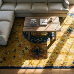 Set of 7 Antique Small Square Yellow Chinese Ningxia Rugs (SKU 25198) - styled overhead view