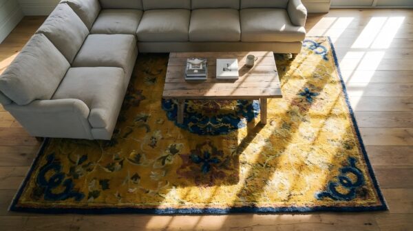 Set of 7 antique small square yellow chinese ningxia rugs (sku 25198) - styled overhead view