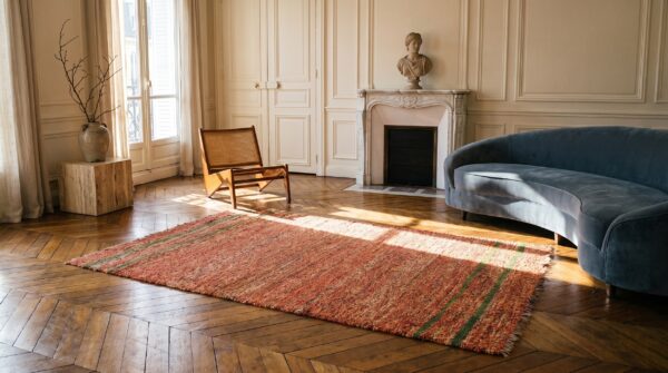 Antique shaker rug small scatter size wool coral 10 Antique shaker rug small scatter size wool coral (sku 21682) - room view