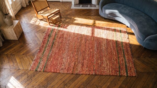 Antique shaker rug small scatter size wool coral 2 Antique shaker rug small scatter size wool coral (sku 21682) - styled overhead view