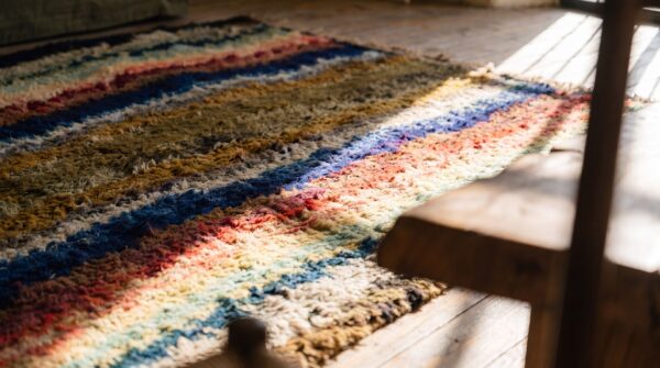Antique shaker rug small scatter size wool multicolor 11 Antique shaker rug small scatter size wool multicolor (sku 17241) - in-room detail