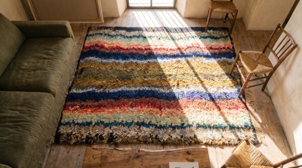 Antique shaker rug small scatter size wool multicolor 2 Antique shaker rug small scatter size wool multicolor (sku 17241) - styled overhead view