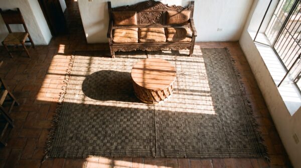 Antique shawl indian 1925 square rug 2 Antique shawl indian 1925 square rug (sku 23387) - styled overhead view