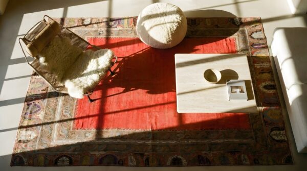 Antique shawl indian red 1925 square rug (sku 2581) - styled overhead view