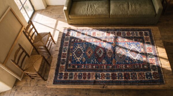 Antique shirvan allover geometric hand knotted pile rug 2 Antique shirvan allover geometric hand knotted pile rug (sku 20813) - styled overhead view