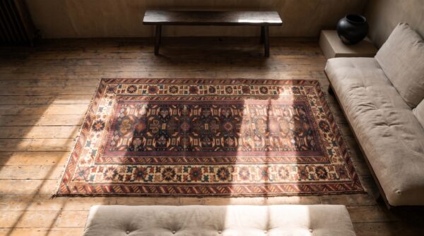 Antique shirvan caucasian hallway runner rug - 1880s 2 Antique shirvan caucasian hallway runner rug - 1880s (sku 20417) - styled overhead view