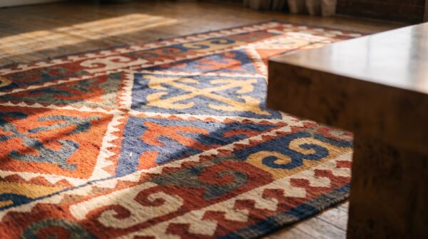 Antique shyrdak kerghiz flat weave rug 9 Antique shyrdak kerghiz flat weave rug (sku 19344) - in-room detail